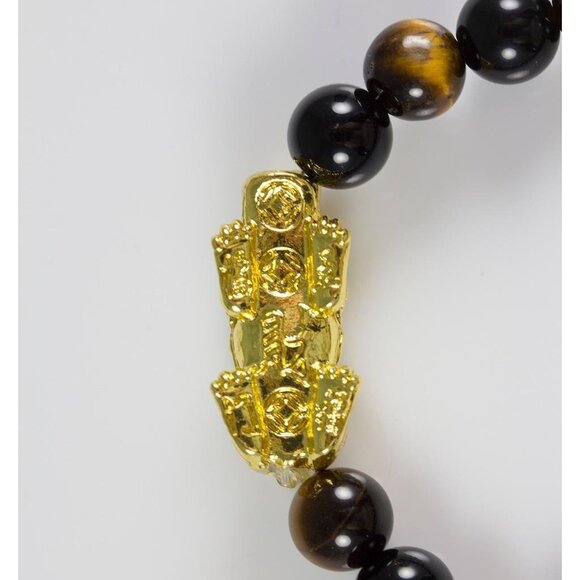 Tiger's Eye Wealth Good Luck Bracelet 8mm Round Beads Stretch Gold-Tone Dragon - Picture 4 of 6